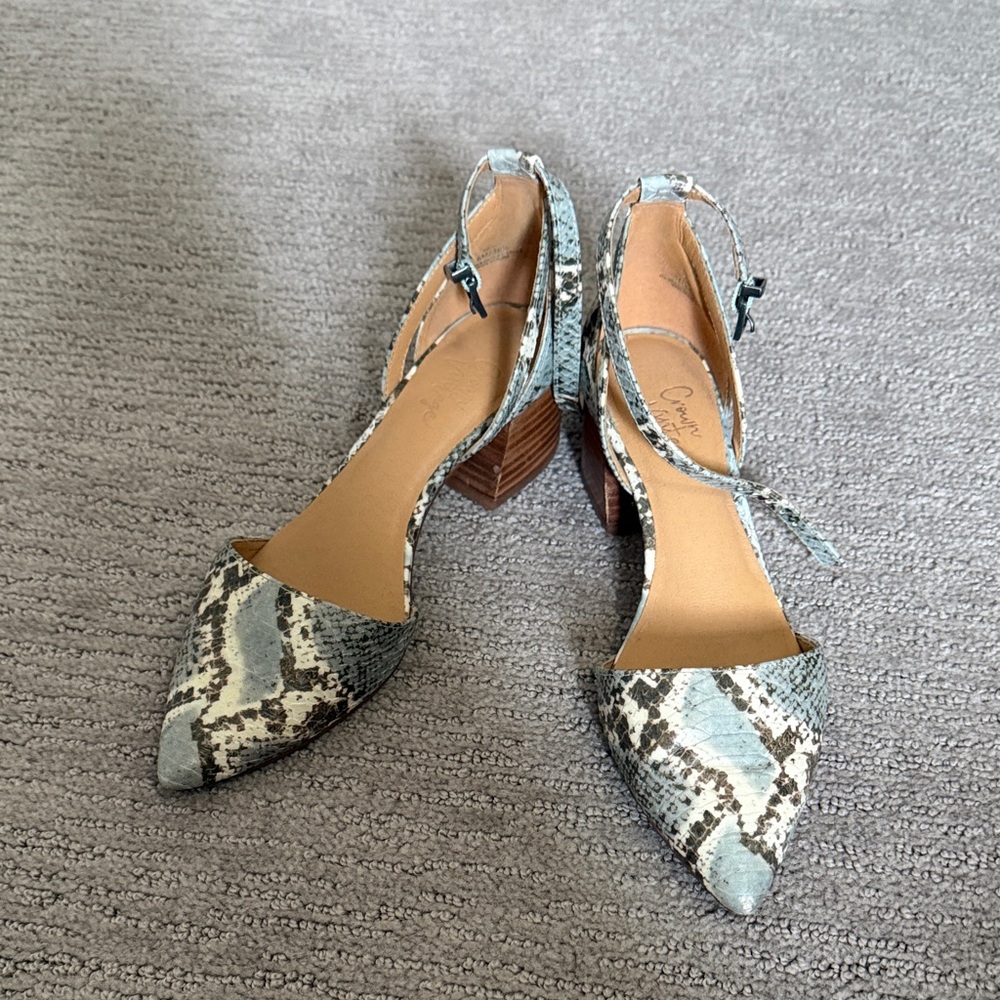 Crown Vintage Snake Print Heels in Blue-Gray and Cream